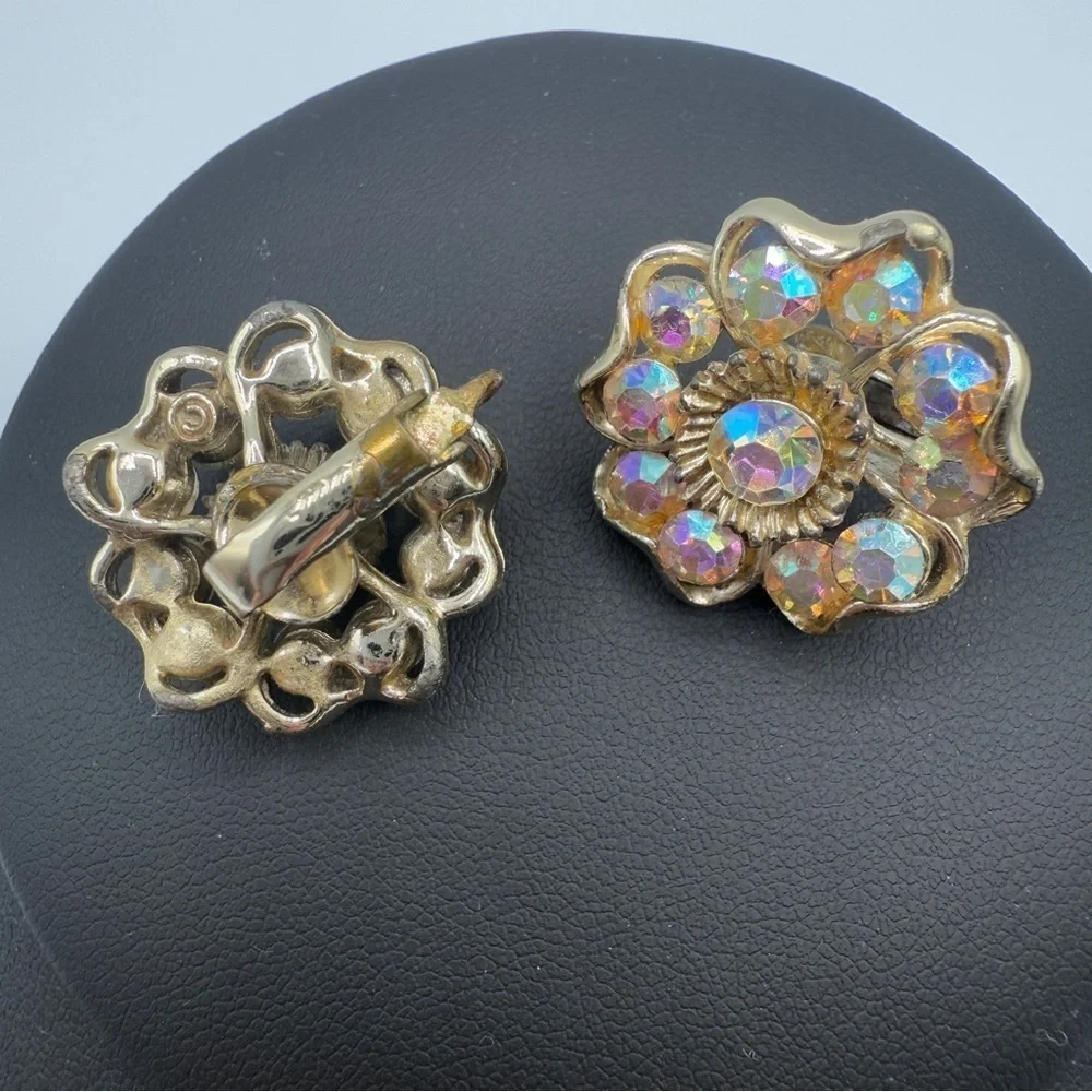 Vintage 1950s Coro Signed AB Floral Crystal Rhinestone Clip On Earrings